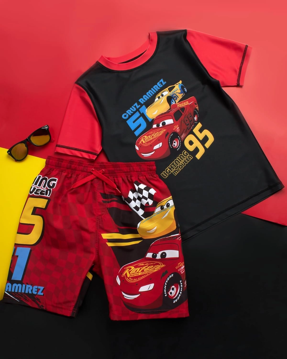 Disney Boys Rash Guard Set - 2 Piece Mickey Mouse, Cars Lighting McQueen, and Buzz Lightyear UP50  Swim Set for Boys (2T-7)