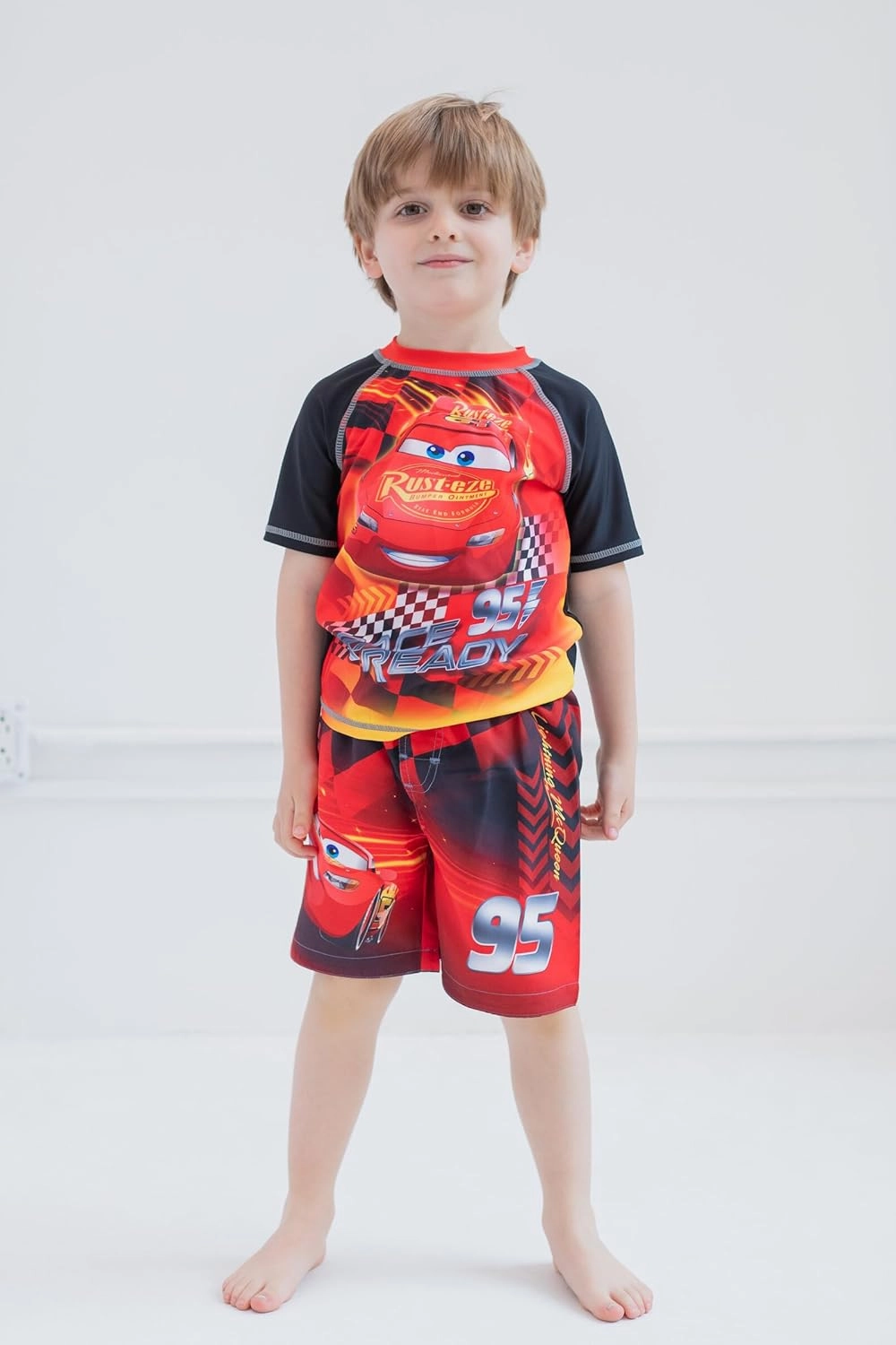 Disney Cars UPF 50  Rash Guard Shirt and Swim Trunks Outfit Set Toddler to Little Kid Sizes (2T - 7-8)