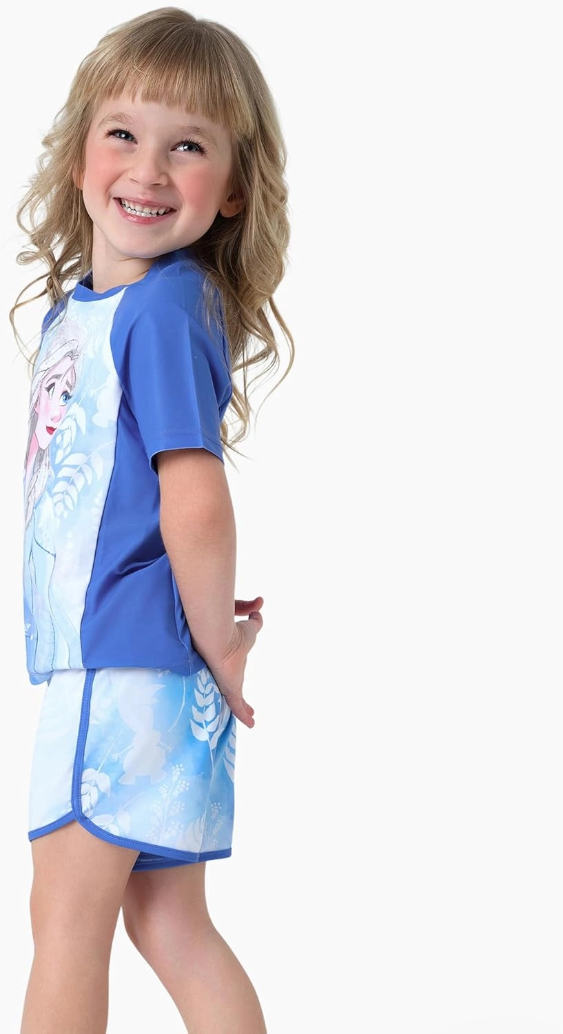 Disney Frozen Elsa Princess Girls Two Piece UPF 50  Protection Quick-Dry Short Sleeve Swim Sets Rashguard Bathing Suit