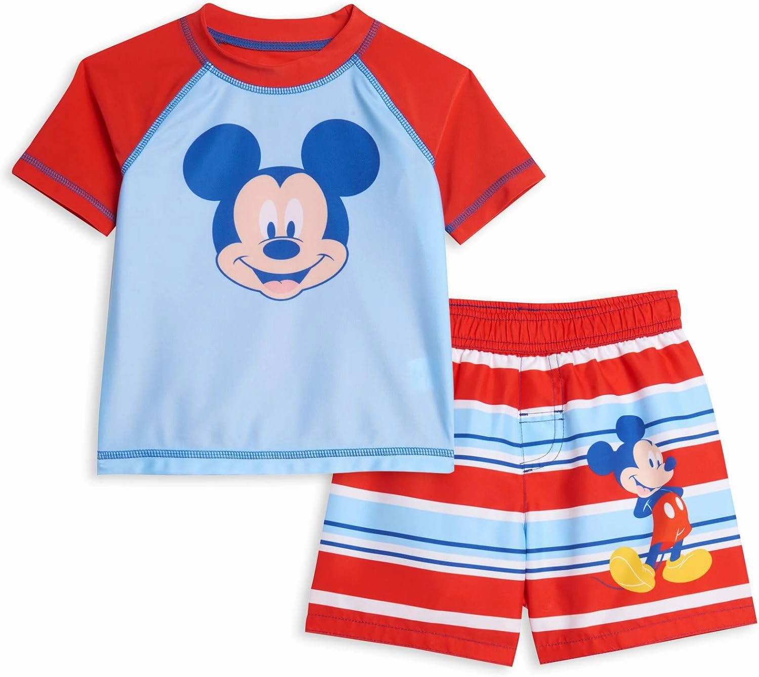 Disney Mickey Mouse Surfboard UPF 50  Rash Guard Shirt & Swim Trunks Outfit Set Infant to Big Kid Sizes (12 Months - 14-16)