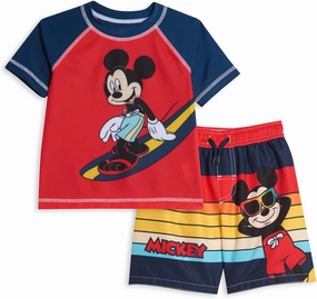 Disney Mickey Mouse Surfboard UPF 50  Rash Guard Shirt & Swim Trunks Outfit Set Infant to Big Kid Sizes (12 Months - 14-16)