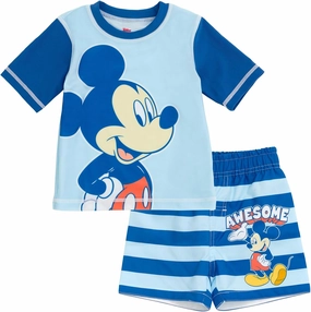 Disney Mickey Mouse Surfboard UPF 50  Rash Guard Shirt & Swim Trunks Outfit Set Infant to Big Kid Sizes (12 Months - 14-16)