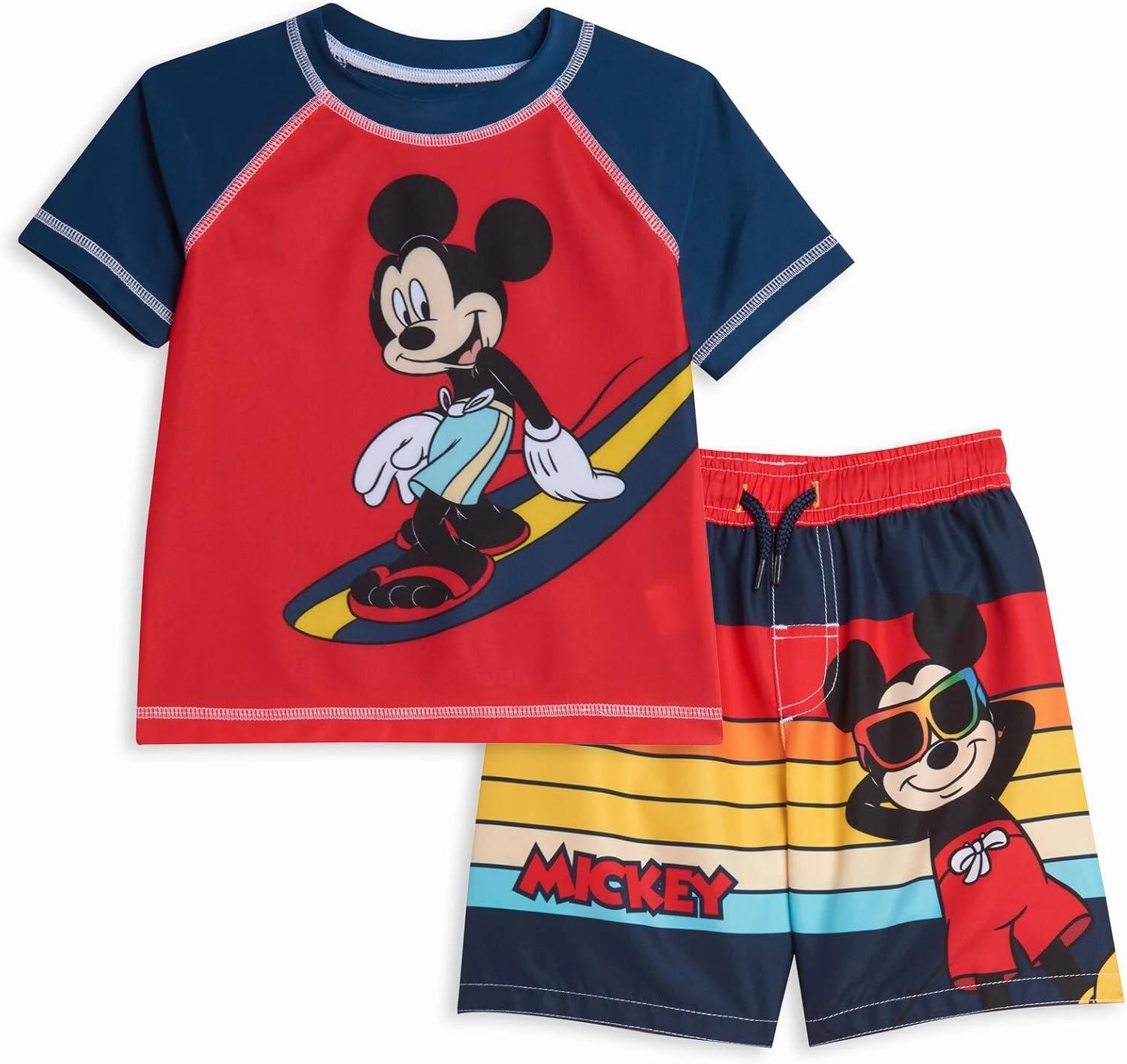Disney Mickey Mouse Surfboard UPF 50  Rash Guard Shirt & Swim Trunks Outfit Set Infant to Big Kid Sizes (12 Months - 14-16)