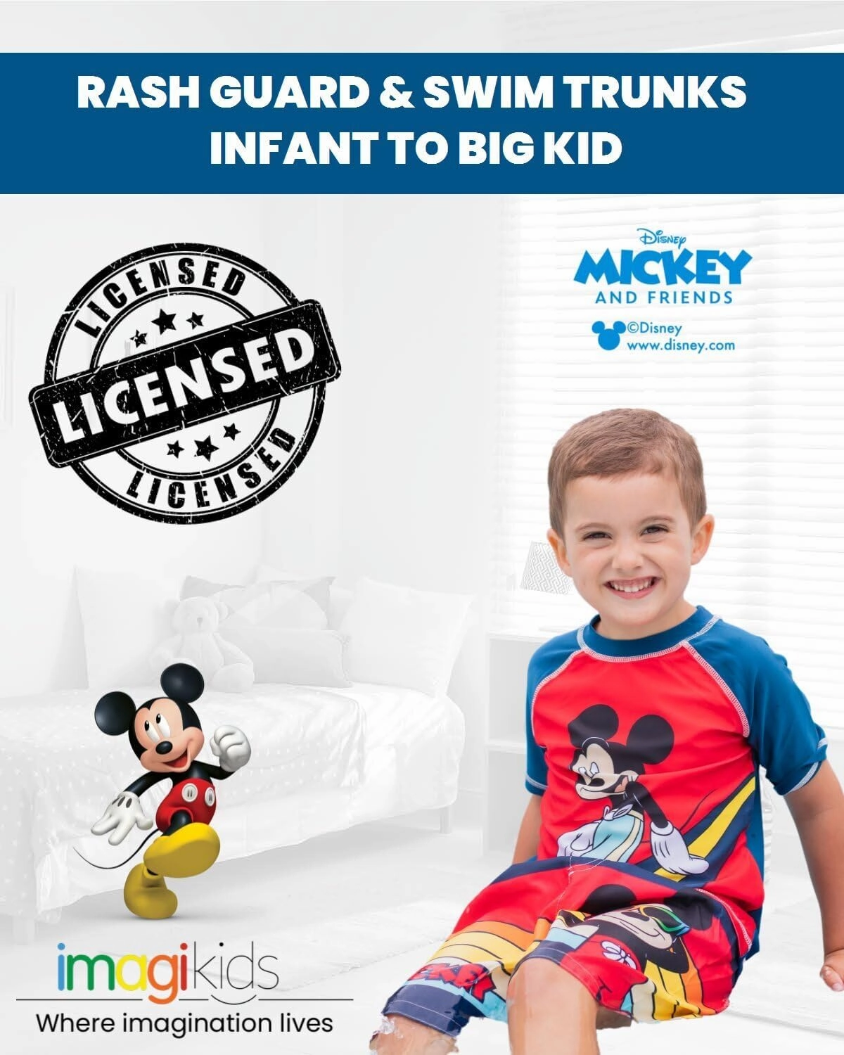 Disney Mickey Mouse Surfboard UPF 50  Rash Guard Shirt & Swim Trunks Outfit Set Infant to Big Kid Sizes (12 Months - 14-16)