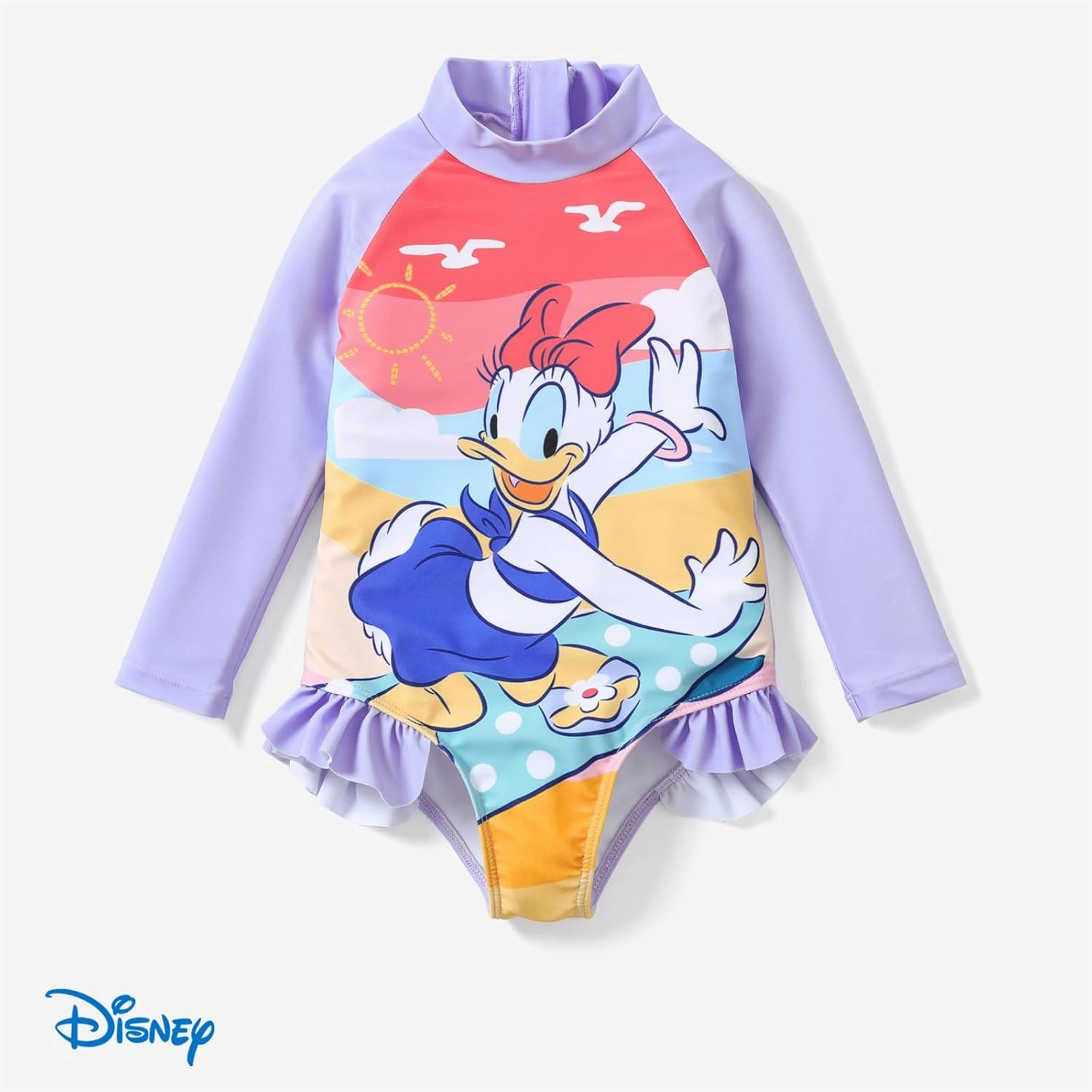 Disney Princess Frozen Elsa Minnie Stitch One Piece Swimsuit Rashguard Bathing Suit UPF 50 Toddler Girl Long Sleeve Swimwear