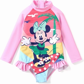 Disney Princess Frozen Elsa Minnie Stitch One Piece Swimsuit Rashguard Bathing Suit UPF 50 Toddler Girl Long Sleeve Swimwear