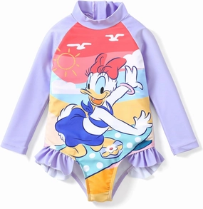 Disney Princess Frozen Elsa Minnie Stitch One Piece Swimsuit Rashguard Bathing Suit UPF 50 Toddler Girl Long Sleeve Swimwear