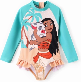 Disney Princess Frozen Elsa Minnie Stitch One Piece Swimsuit Rashguard Bathing Suit UPF 50 Toddler Girl Long Sleeve Swimwear