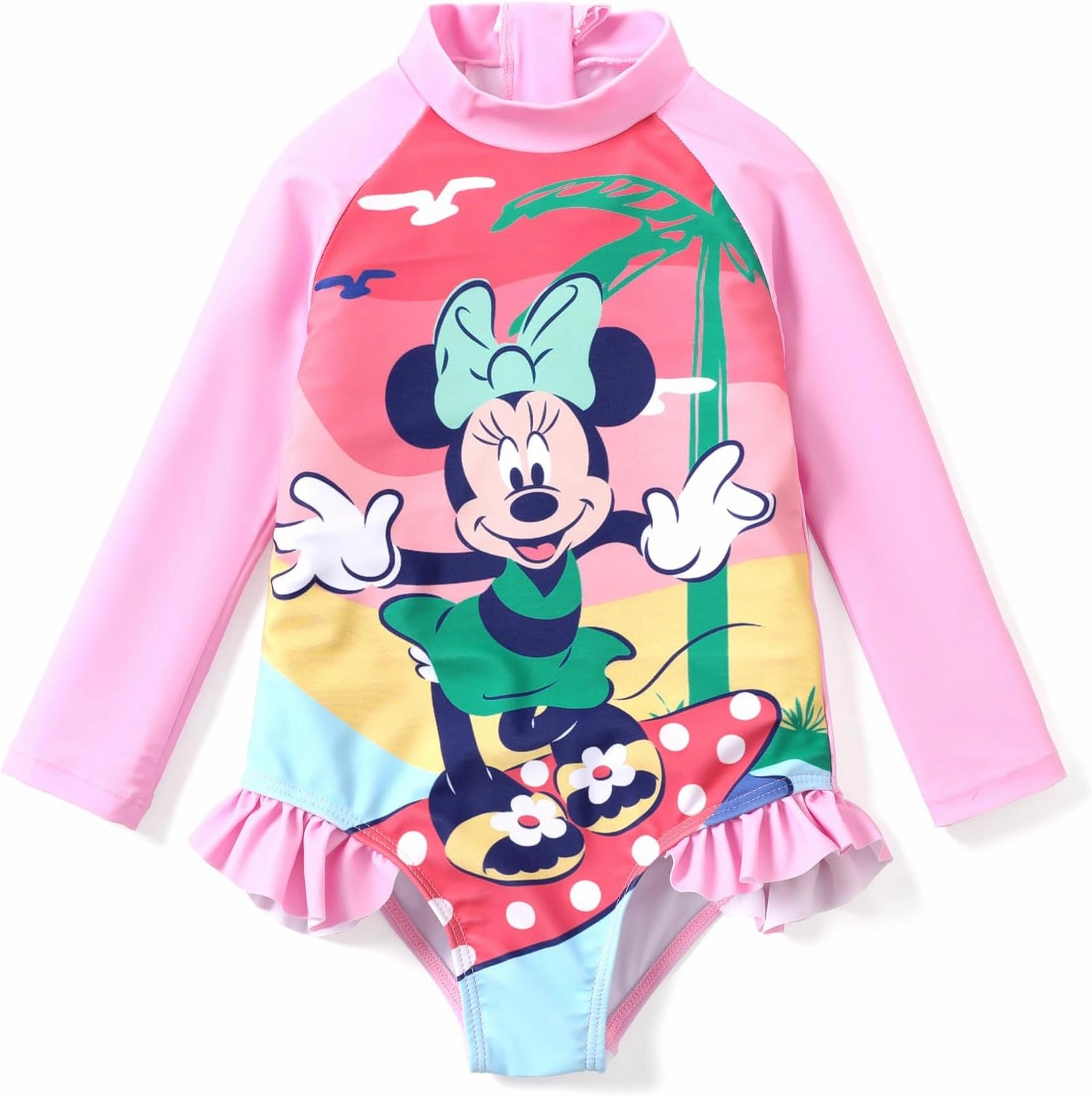 Disney Princess Frozen Elsa Minnie Stitch One Piece Swimsuit Rashguard Bathing Suit UPF 50 Toddler Girl Long Sleeve Swimwear