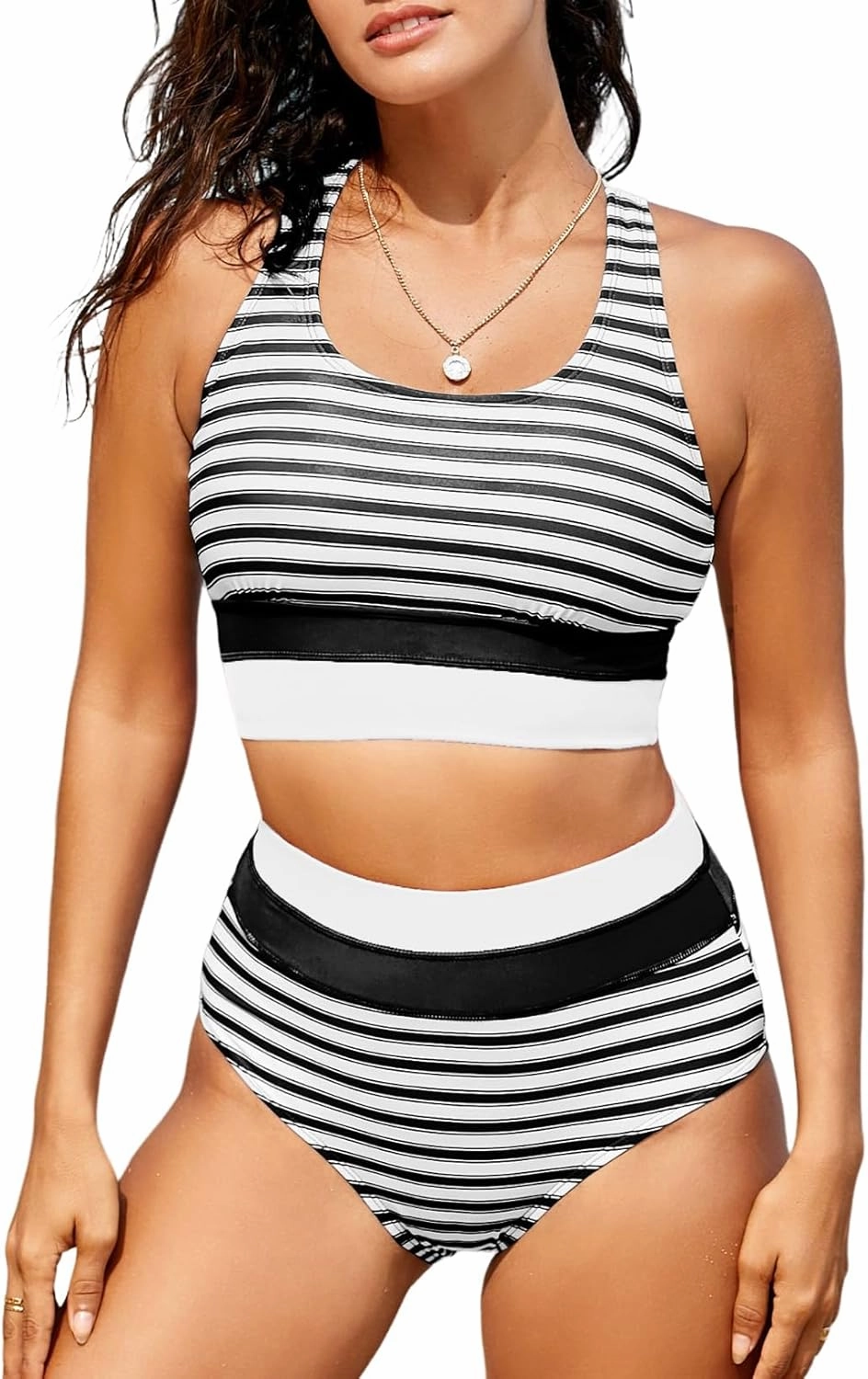 Dokotoo Women's High Waisted Bikini Sets Two Piece Swimsuits Color Block Scoop Neck Bathing Suits