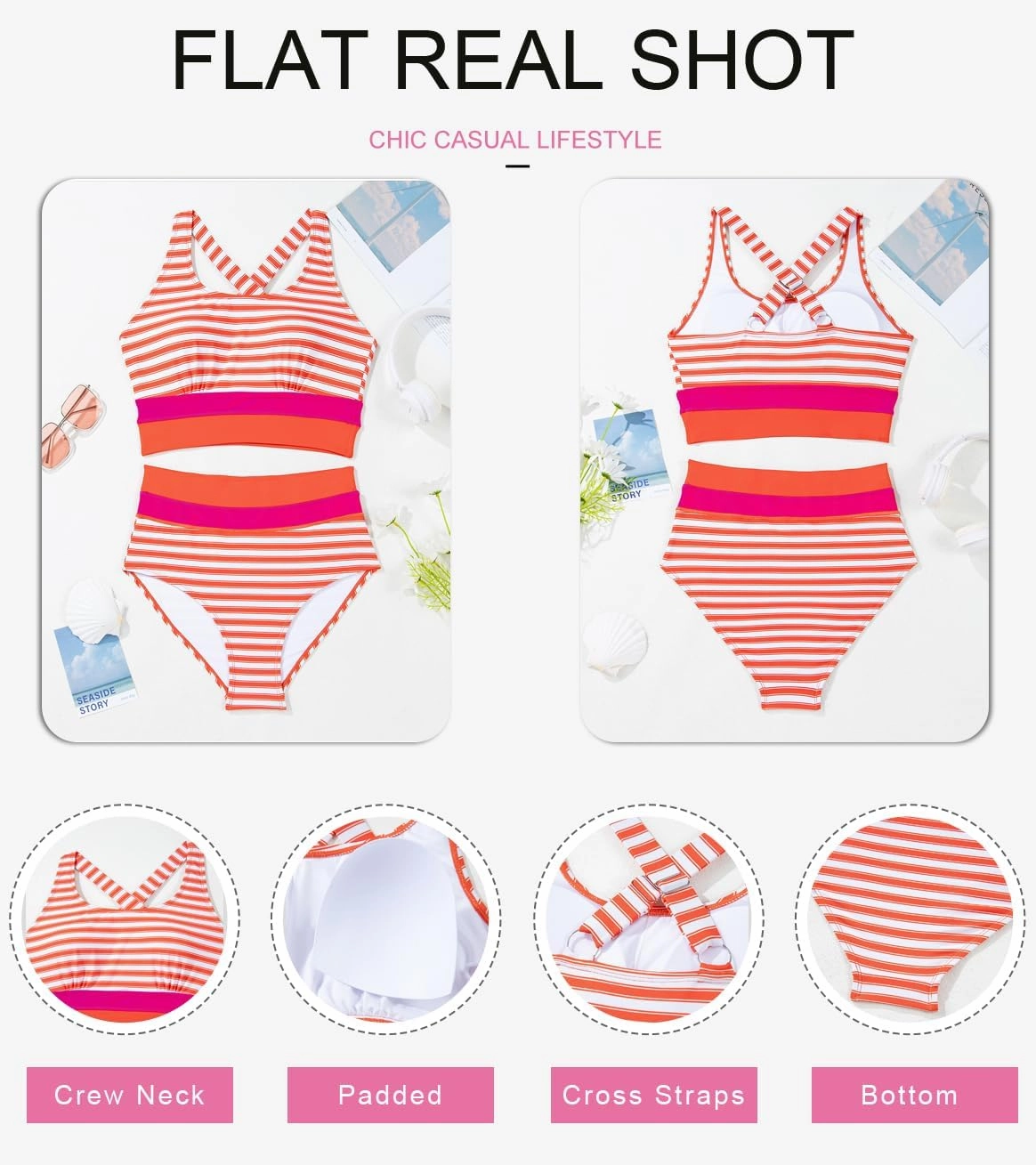 Dokotoo Women's High Waisted Bikini Sets Two Piece Swimsuits Color Block Scoop Neck Bathing Suits