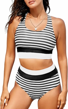 Dokotoo Women's High Waisted Bikini Sets Two Piece Swimsuits Color Block Scoop Neck Bathing Suits