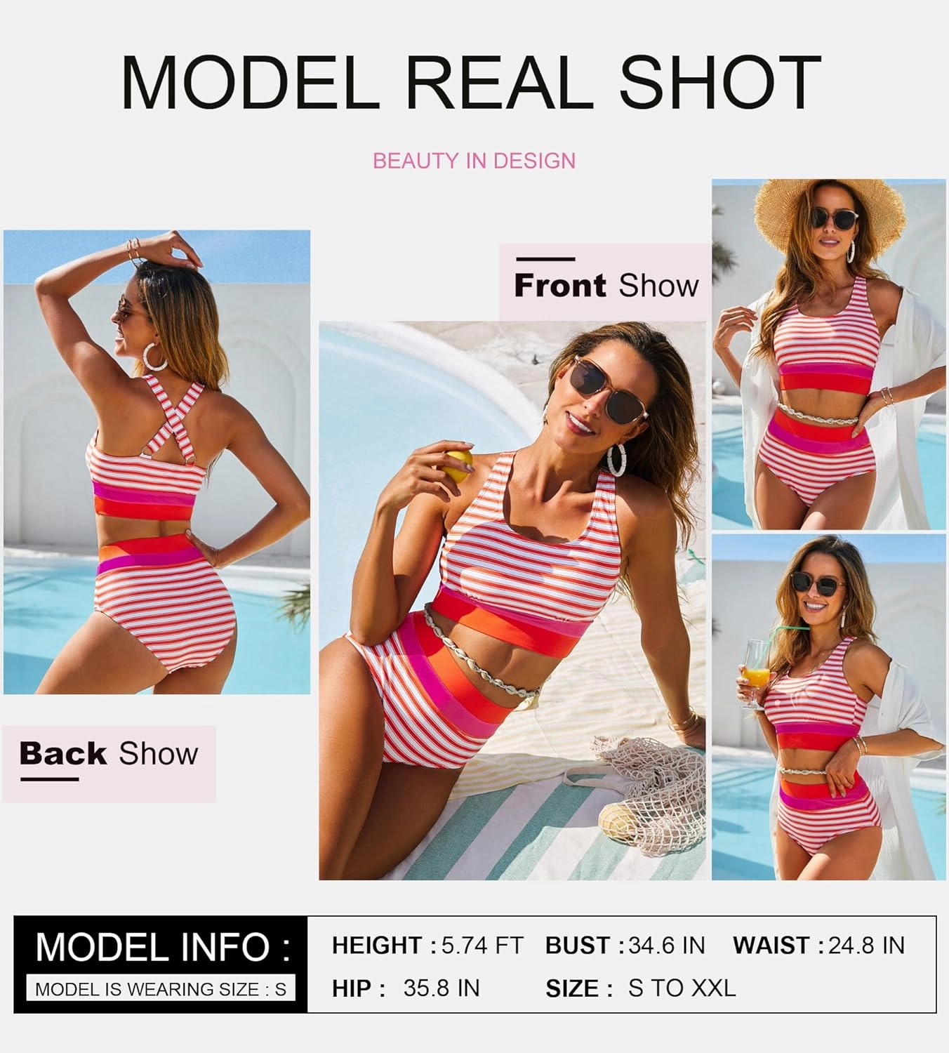Dokotoo Women's High Waisted Bikini Sets Two Piece Swimsuits Color Block Scoop Neck Bathing Suits