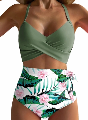 Dokotoo Women's High Waisted Floral Bikini Sets Swimsuit Suit for Women 2025 Tummy Control Bathing Suit Swimwear for Summer