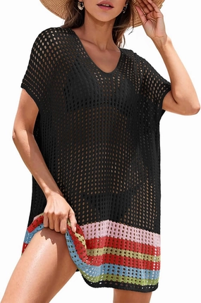 Dokotoo Women's Swimwear Beach Bikini Swimsuit Color Block Cover-ups Crochet Striped Side Split Mini Dress