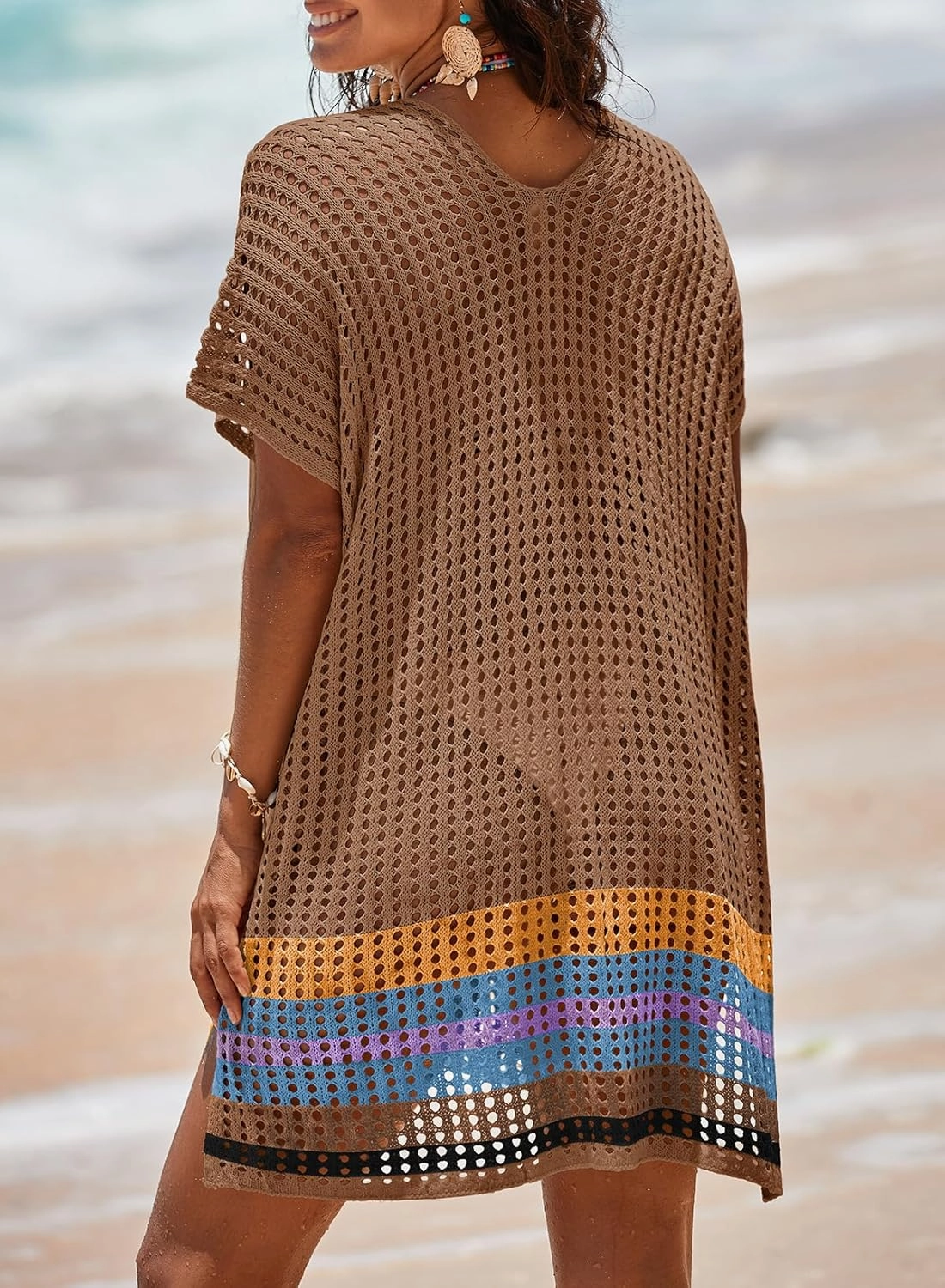 Dokotoo Women's Swimwear Beach Bikini Swimsuit Color Block Cover-ups Crochet Striped Side Split Mini Dress