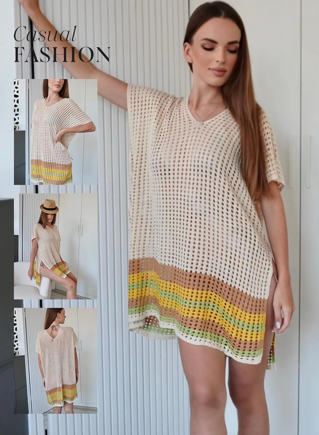 Dokotoo Women's Swimwear Beach Bikini Swimsuit Color Block Cover-ups Crochet Striped Side Split Mini Dress