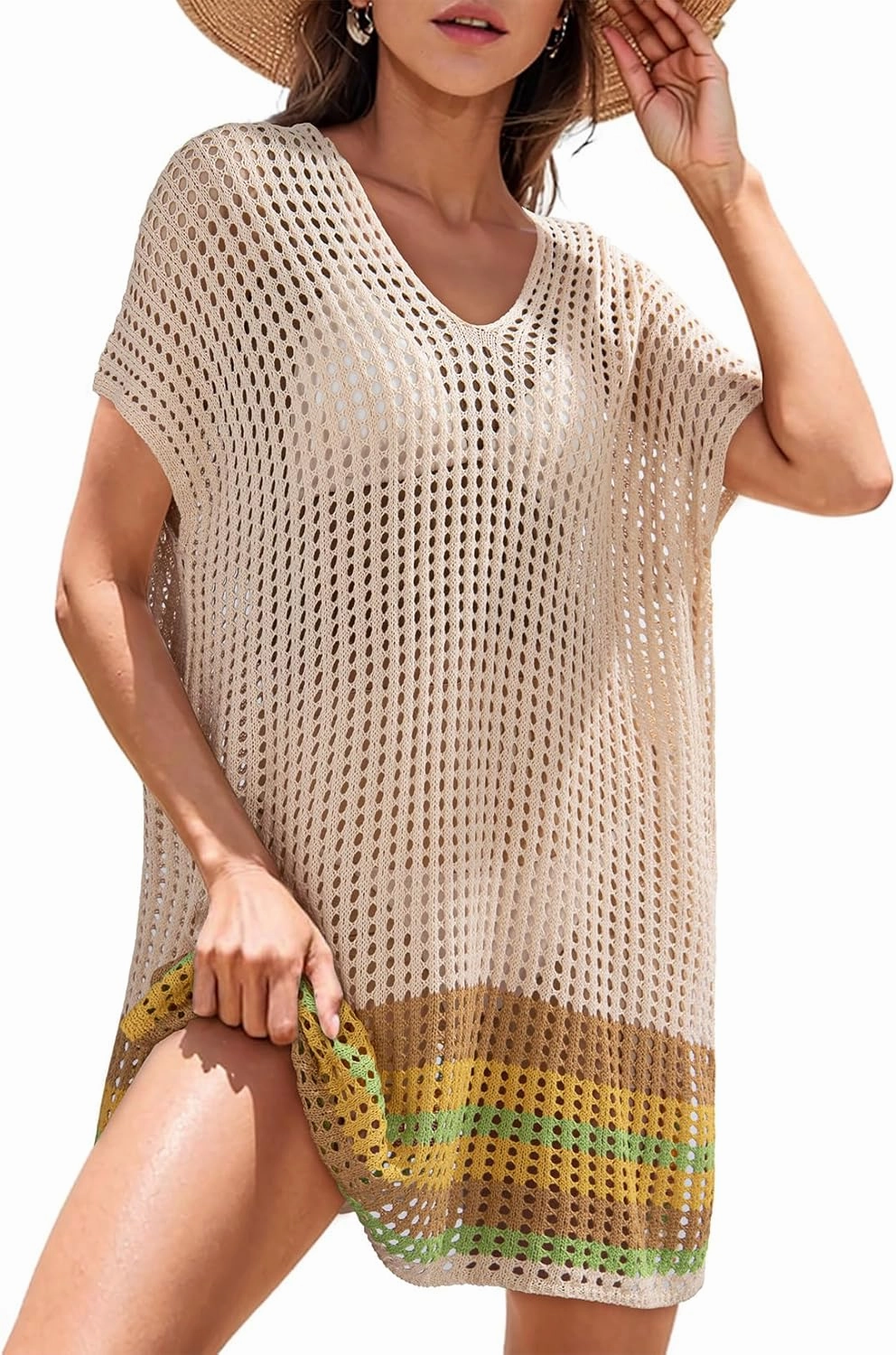 Dokotoo Women's Swimwear Beach Bikini Swimsuit Color Block Cover-ups Crochet Striped Side Split Mini Dress