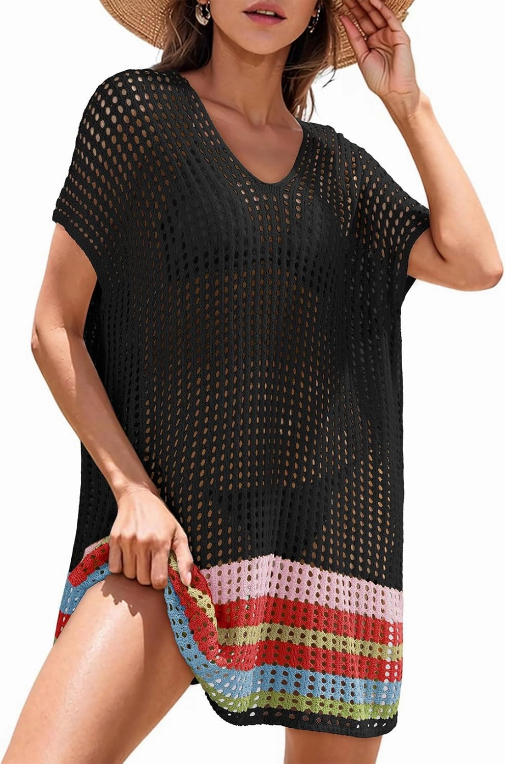 Dokotoo Women's Swimwear Beach Bikini Swimsuit Color Block Cover-ups Crochet Striped Side Split Mini Dress