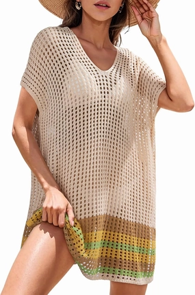 Dokotoo Women's Swimwear Beach Bikini Swimsuit Color Block Cover-ups Crochet Striped Side Split Mini Dress