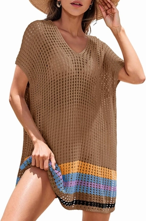 Dokotoo Women's Swimwear Beach Bikini Swimsuit Color Block Cover-ups Crochet Striped Side Split Mini Dress