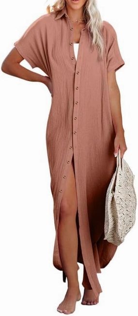 Dokotoo Womens Casual Short Sleeve Side Split Button Down Long Kimonos Cardigans Swimsuit Cover Ups Summer Beach Dress