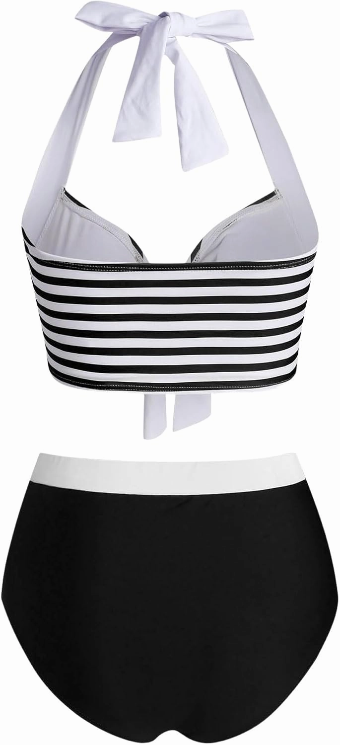 DRESSFO Women's Bikini Set American Flag Halter Two Piece High Waisted Swimsuit Stripe Vintage Tummy Control Bathing Suit