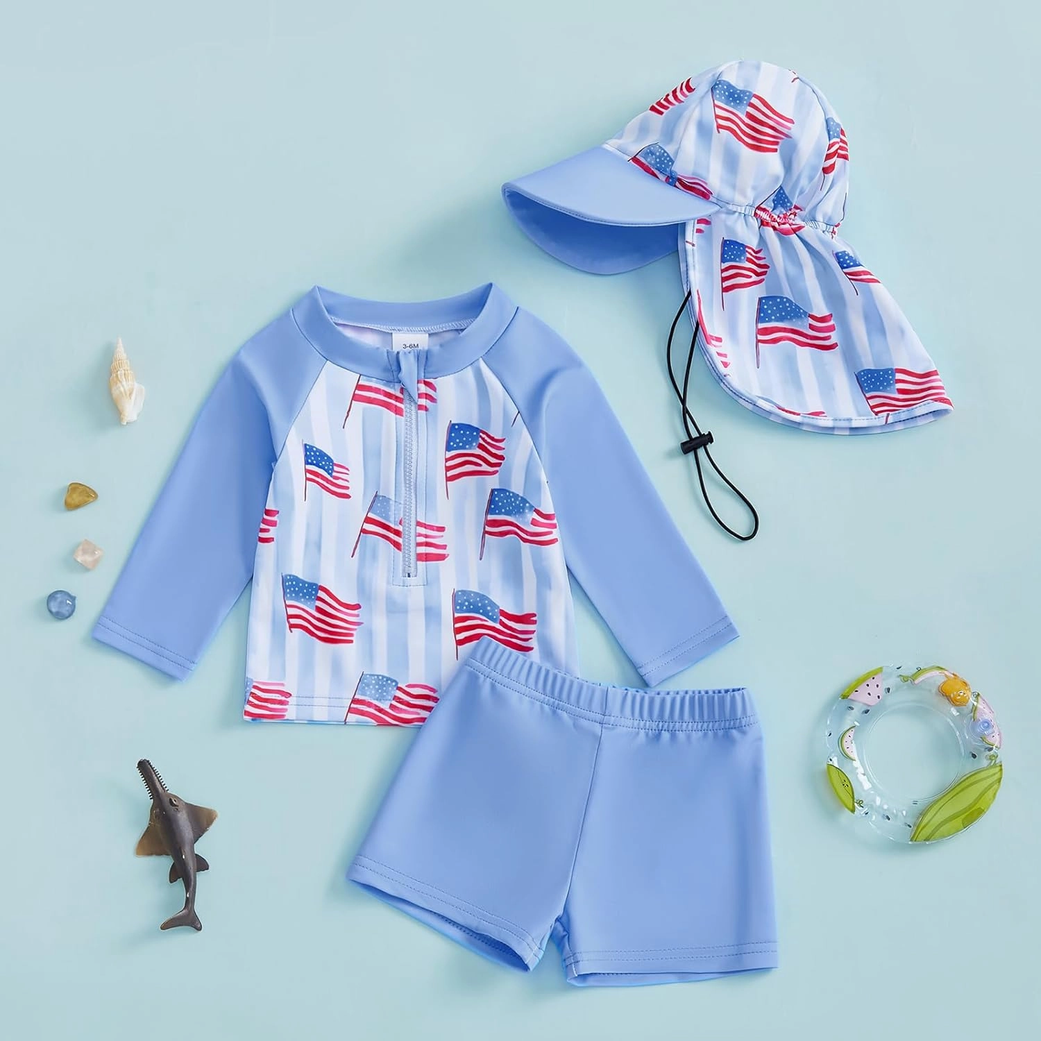 DuAnyozu Baby Boys Swimsuit Long Sleeve Rash Guard Swimwear Baby Boy Swim Trunk with Hat Toddler 4th of July Bathing Suit