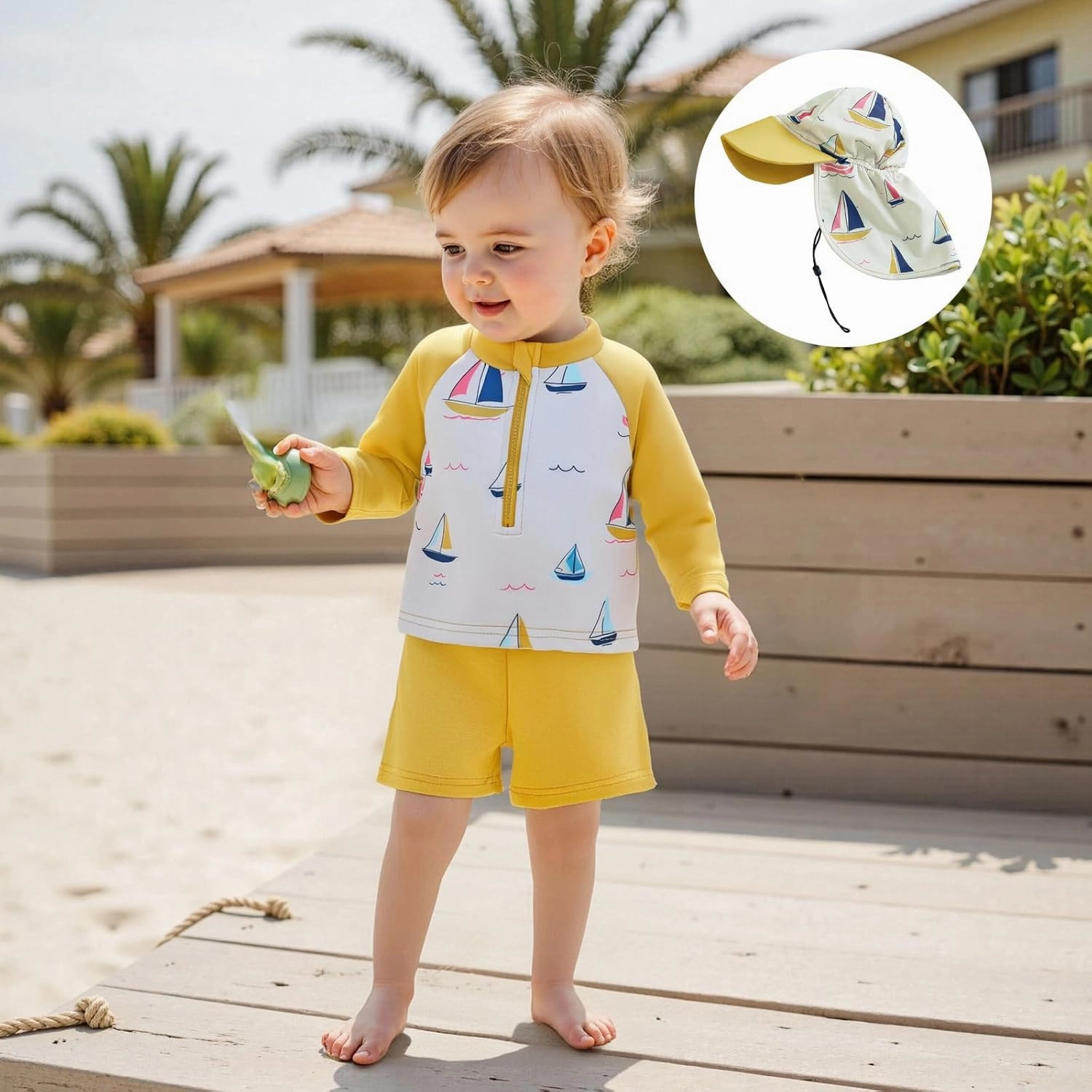 DuAnyozu Baby Boys Swimsuit Long Sleeve Rash Guard Swimwear Baby Boy Swim Trunk with Hat Toddler 4th of July Bathing Suit