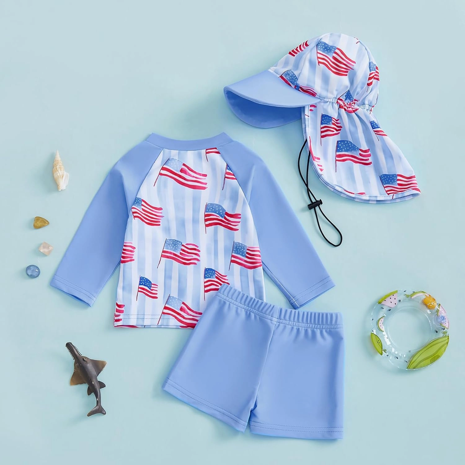 DuAnyozu Baby Boys Swimsuit Long Sleeve Rash Guard Swimwear Baby Boy Swim Trunk with Hat Toddler 4th of July Bathing Suit