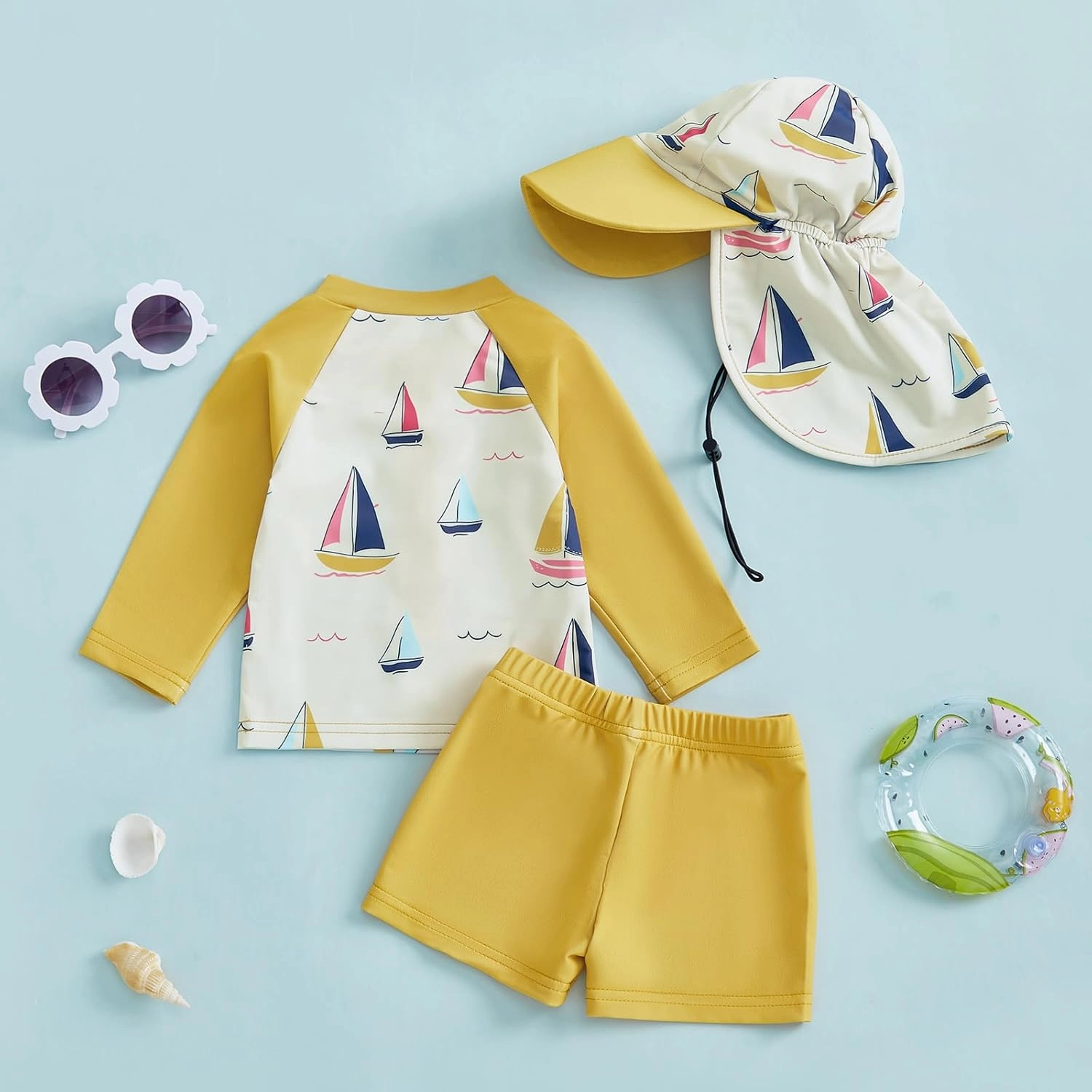 DuAnyozu Baby Boys Swimsuit Long Sleeve Rash Guard Swimwear Baby Boy Swim Trunk with Hat Toddler 4th of July Bathing Suit