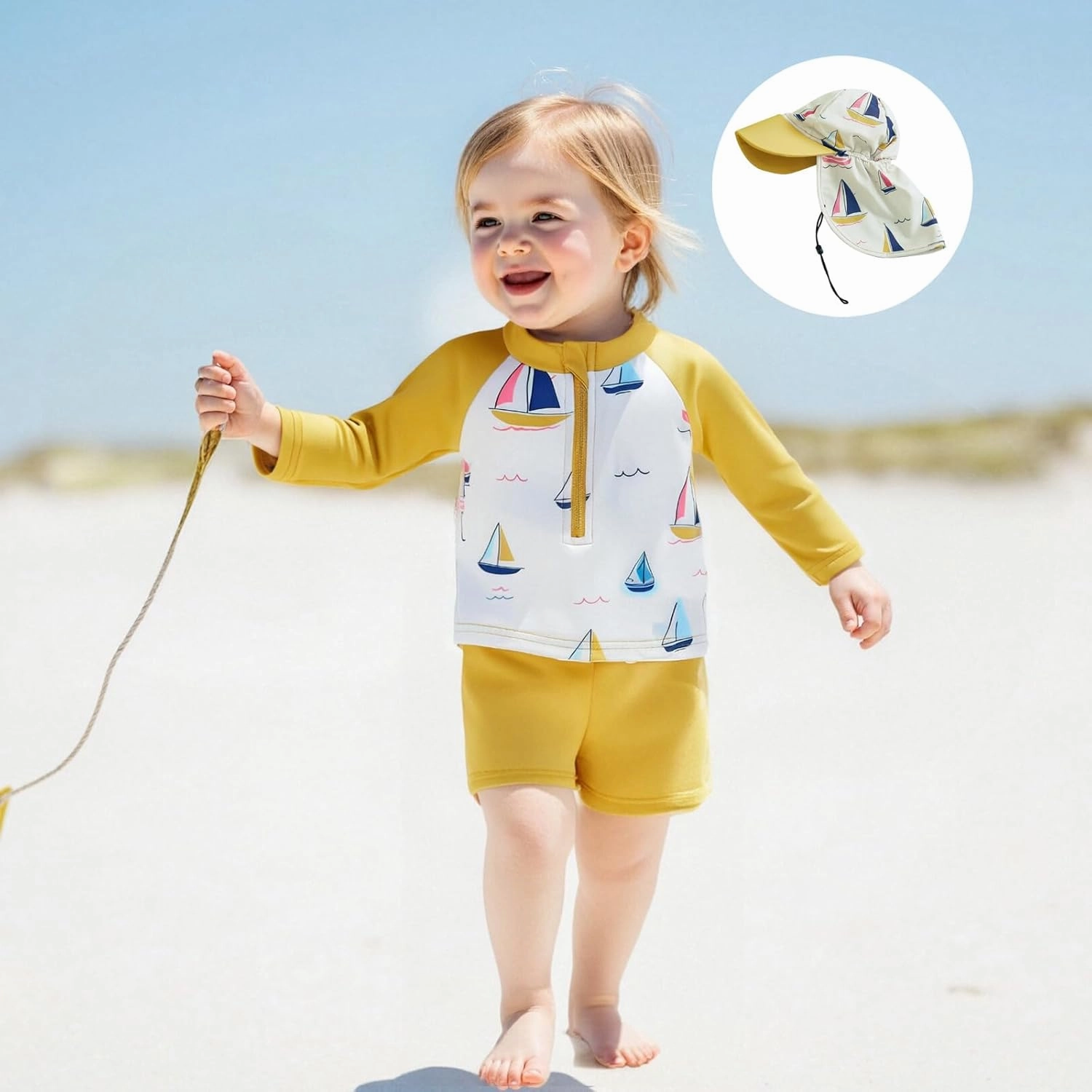 DuAnyozu Baby Boys Swimsuit Long Sleeve Rash Guard Swimwear Baby Boy Swim Trunk with Hat Toddler 4th of July Bathing Suit