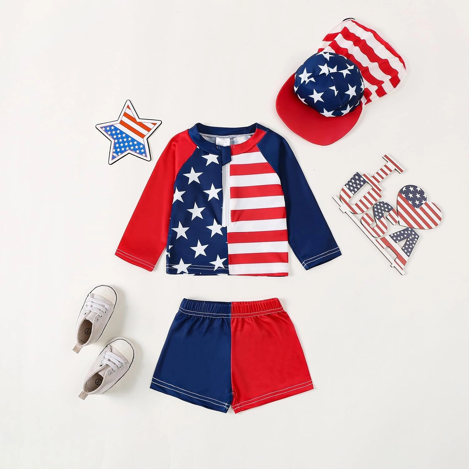 DuAnyozu Baby Boys Swimsuit Long Sleeve Rash Guard Swimwear Baby Boy Swim Trunk with Hat Toddler 4th of July Bathing Suit
