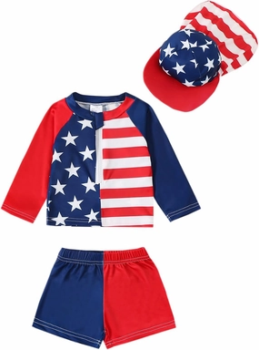 DuAnyozu Baby Boys Swimsuit Long Sleeve Rash Guard Swimwear Baby Boy Swim Trunk with Hat Toddler 4th of July Bathing Suit