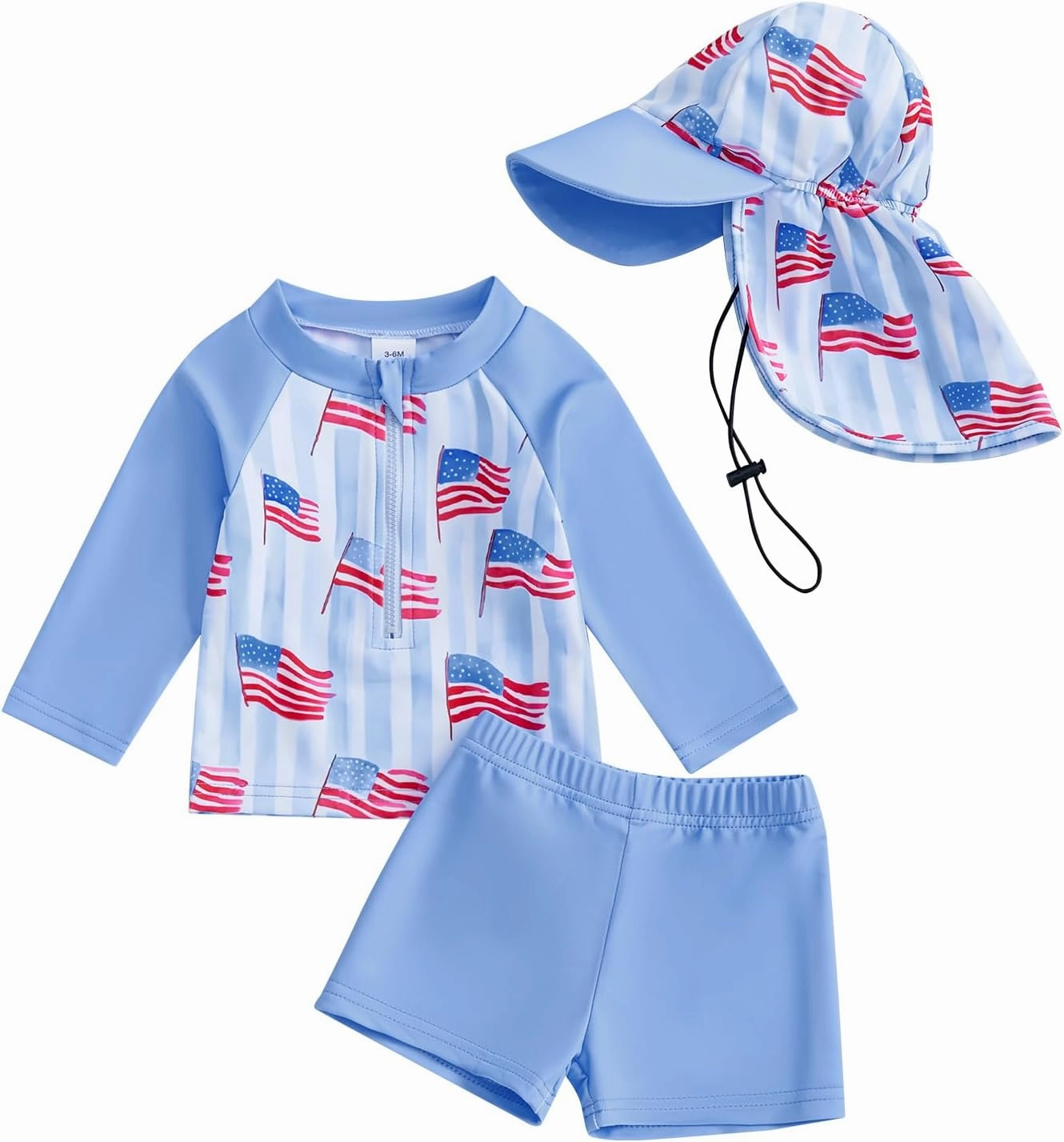 DuAnyozu Baby Boys Swimsuit Long Sleeve Rash Guard Swimwear Baby Boy Swim Trunk with Hat Toddler 4th of July Bathing Suit