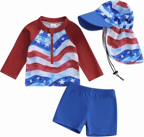 DuAnyozu Baby Boys Swimsuit Long Sleeve Rash Guard Swimwear Baby Boy Swim Trunk with Hat Toddler 4th of July Bathing Suit