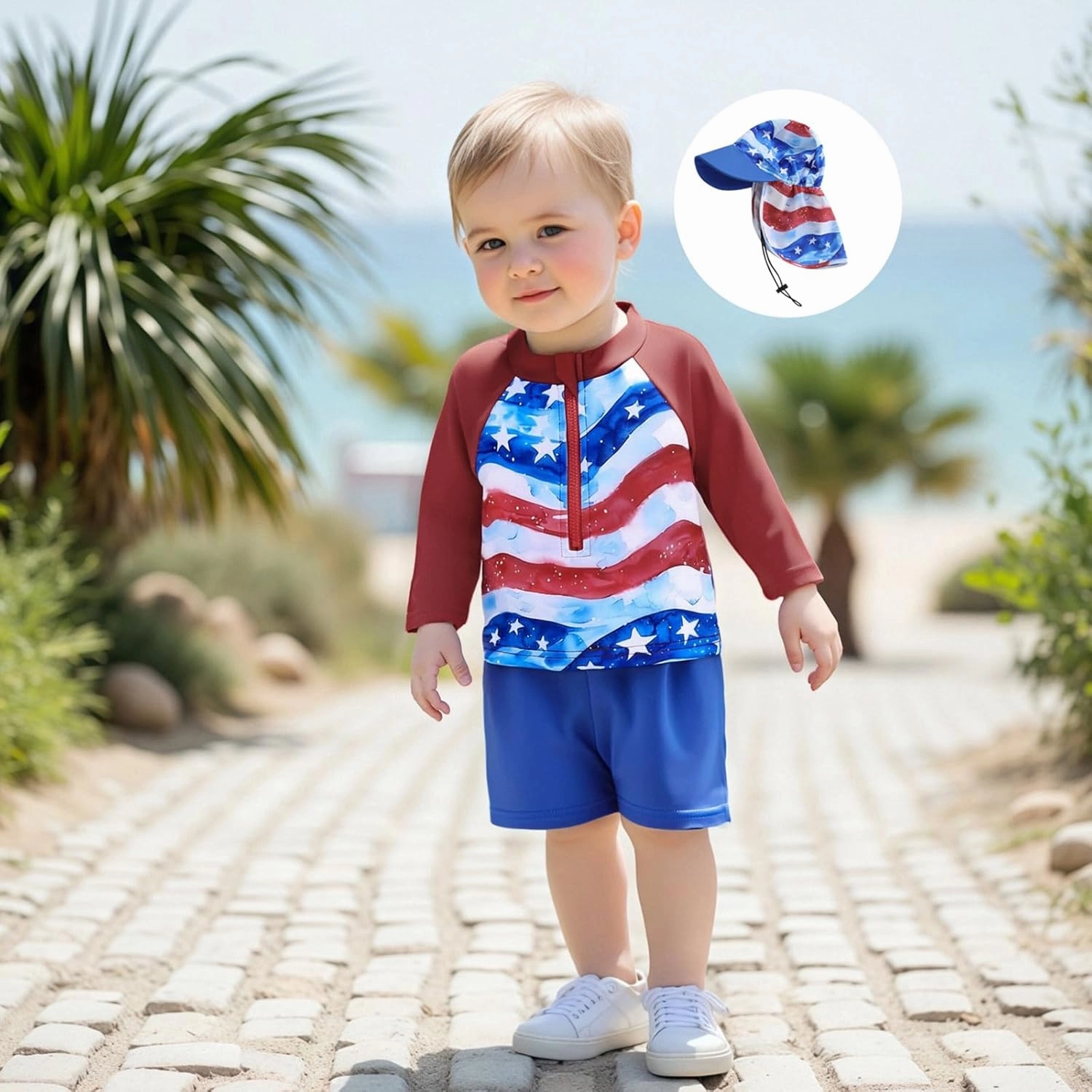 DuAnyozu Baby Boys Swimsuit Long Sleeve Rash Guard Swimwear Baby Boy Swim Trunk with Hat Toddler 4th of July Bathing Suit
