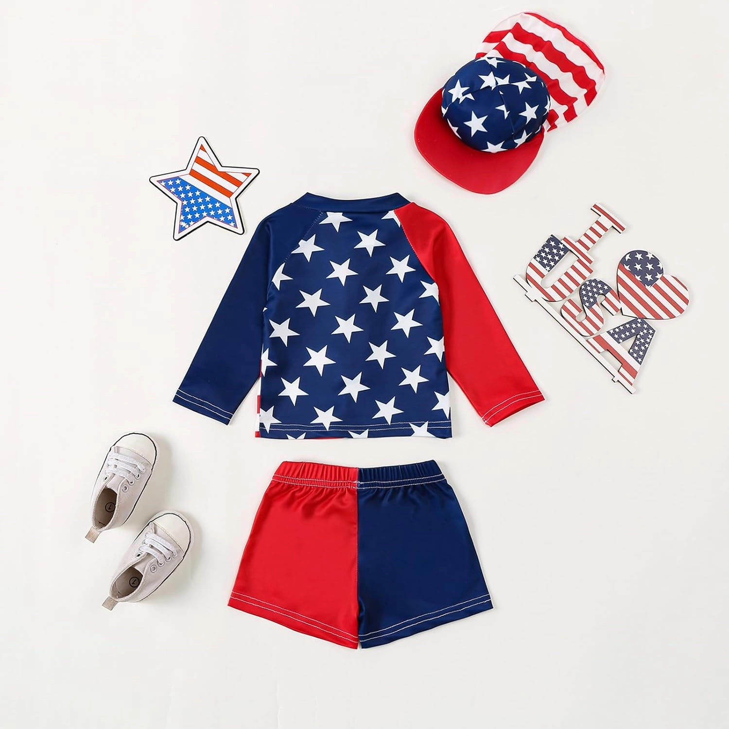 DuAnyozu Baby Boys Swimsuit Long Sleeve Rash Guard Swimwear Baby Boy Swim Trunk with Hat Toddler 4th of July Bathing Suit