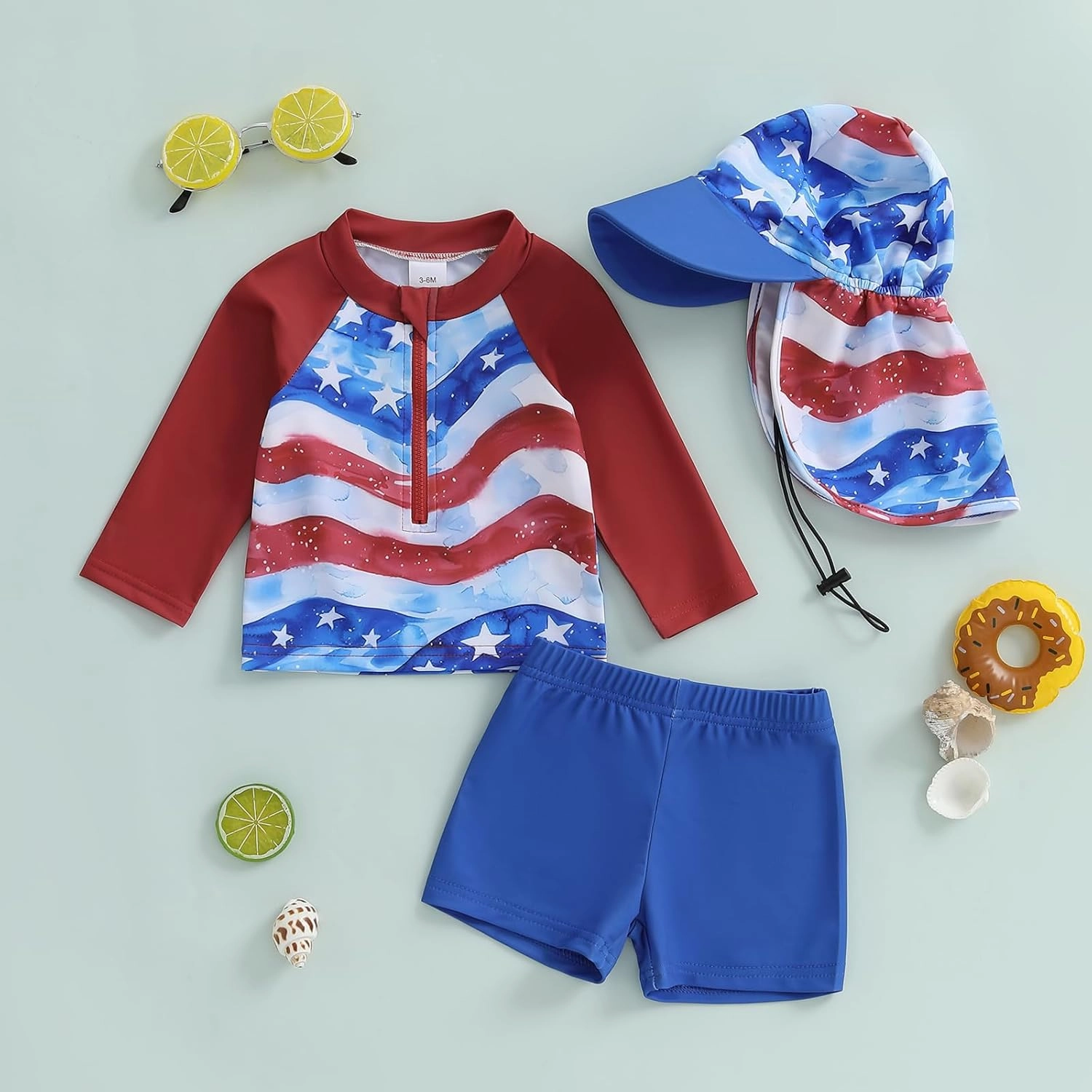 DuAnyozu Baby Boys Swimsuit Long Sleeve Rash Guard Swimwear Baby Boy Swim Trunk with Hat Toddler 4th of July Bathing Suit