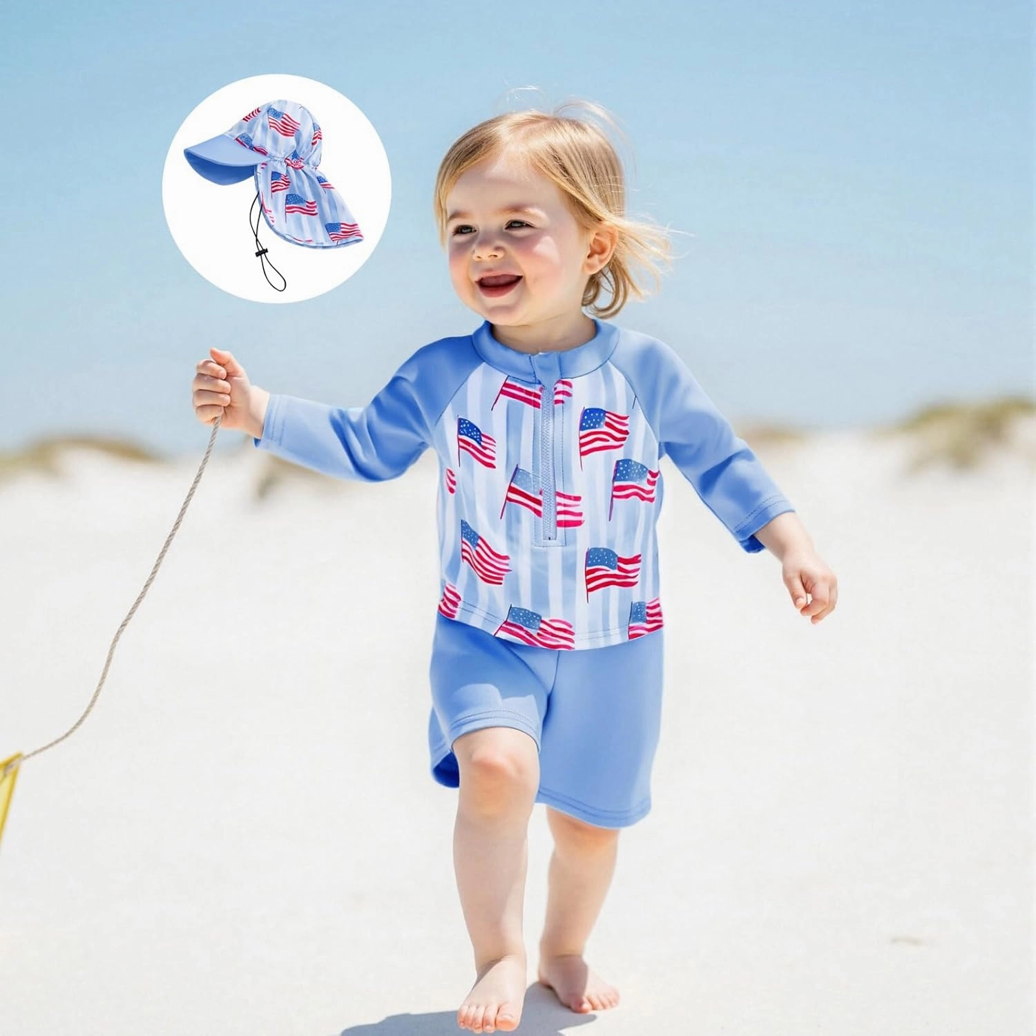 DuAnyozu Baby Boys Swimsuit Long Sleeve Rash Guard Swimwear Baby Boy Swim Trunk with Hat Toddler 4th of July Bathing Suit
