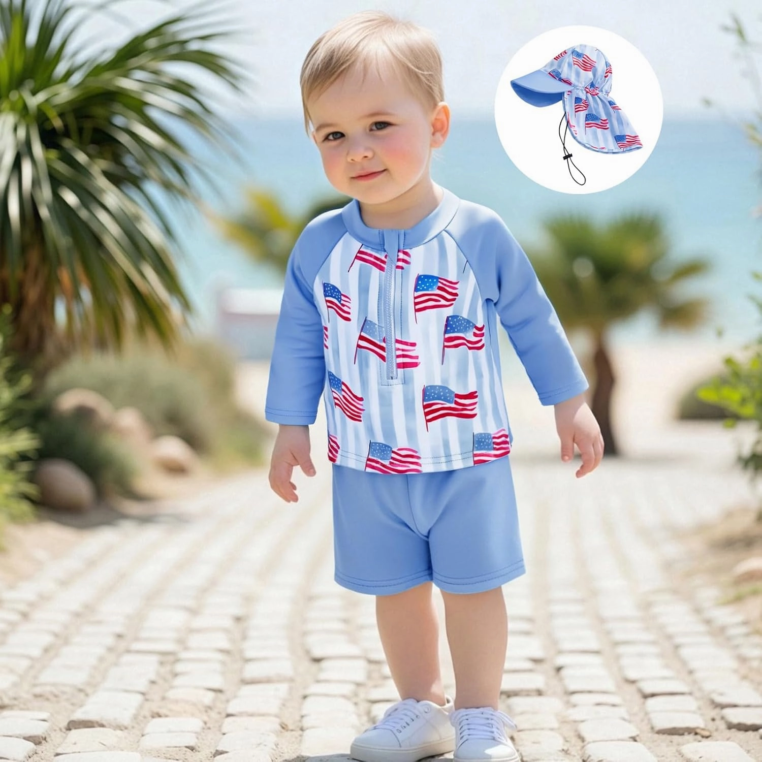 DuAnyozu Baby Boys Swimsuit Long Sleeve Rash Guard Swimwear Baby Boy Swim Trunk with Hat Toddler 4th of July Bathing Suit