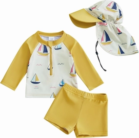 DuAnyozu Baby Boys Swimsuit Long Sleeve Rash Guard Swimwear Baby Boy Swim Trunk with Hat Toddler 4th of July Bathing Suit