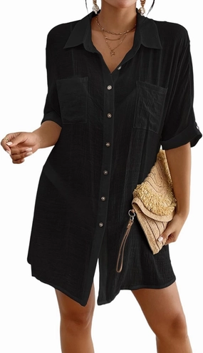 Eddoyee Womens Button Down Shirts V-Neck Long Sleeve Bikini Bathing Suit Cover Up Plus Size Causal Blouse Beachwear