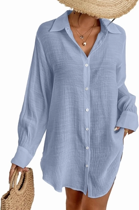 Eddoyee Womens Button Down Shirts V-Neck Long Sleeve Bikini Bathing Suit Cover Up Plus Size Causal Blouse Beachwear