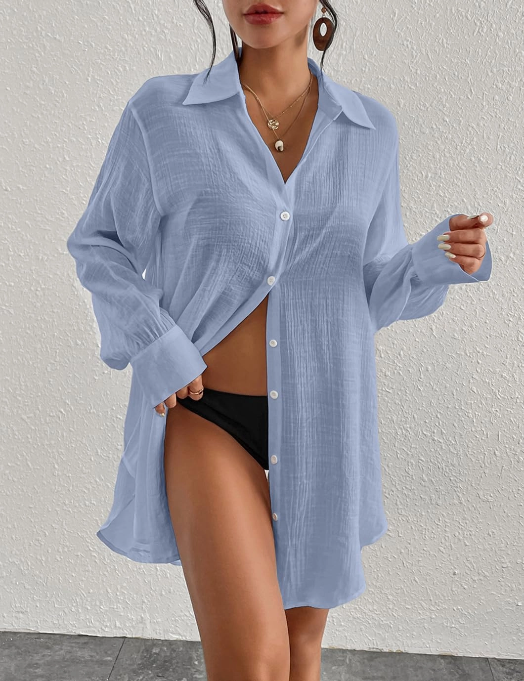 Eddoyee Womens Button Down Shirts V-Neck Long Sleeve Bikini Bathing Suit Cover Up Plus Size Causal Blouse Beachwear