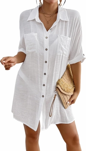 Eddoyee Womens Button Down Shirts V-Neck Long Sleeve Bikini Bathing Suit Cover Up Plus Size Causal Blouse Beachwear