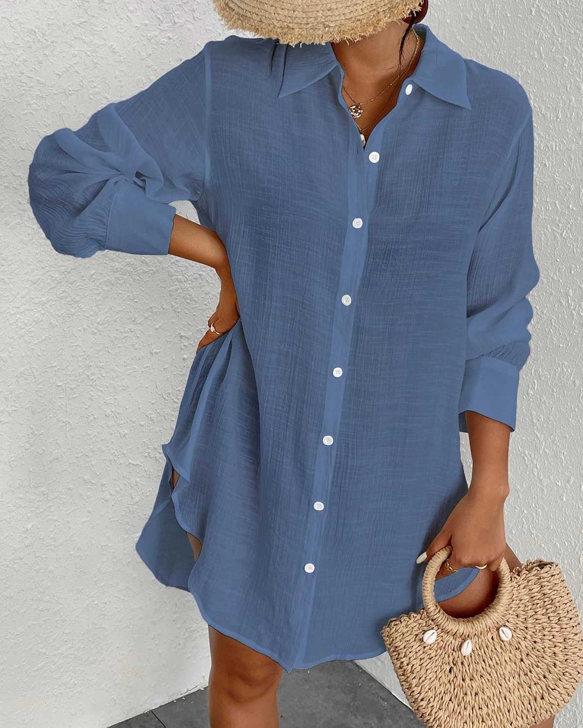Eddoyee Womens Button Down Shirts V-Neck Long Sleeve Bikini Bathing Suit Cover Up Plus Size Causal Blouse Beachwear