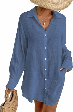 Eddoyee Womens Button Down Shirts V-Neck Long Sleeve Bikini Bathing Suit Cover Up Plus Size Causal Blouse Beachwear