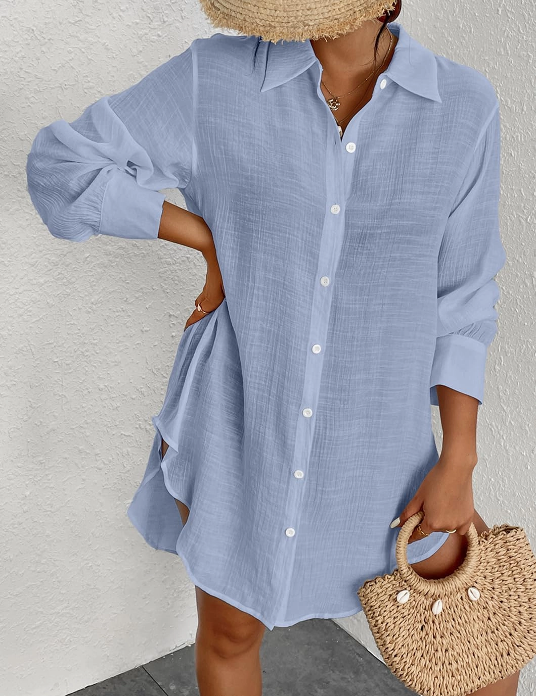Eddoyee Womens Button Down Shirts V-Neck Long Sleeve Bikini Bathing Suit Cover Up Plus Size Causal Blouse Beachwear