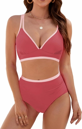 Edelqual Women High Waisted Bikini Sets Two Piece Swimsuits Tummy Control Bathing Swim Suit Color Block Swimwear